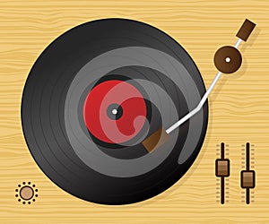 DJ playing vinyl. Top view. DJ Interface workspace mixer console turntables. Vector illustration.